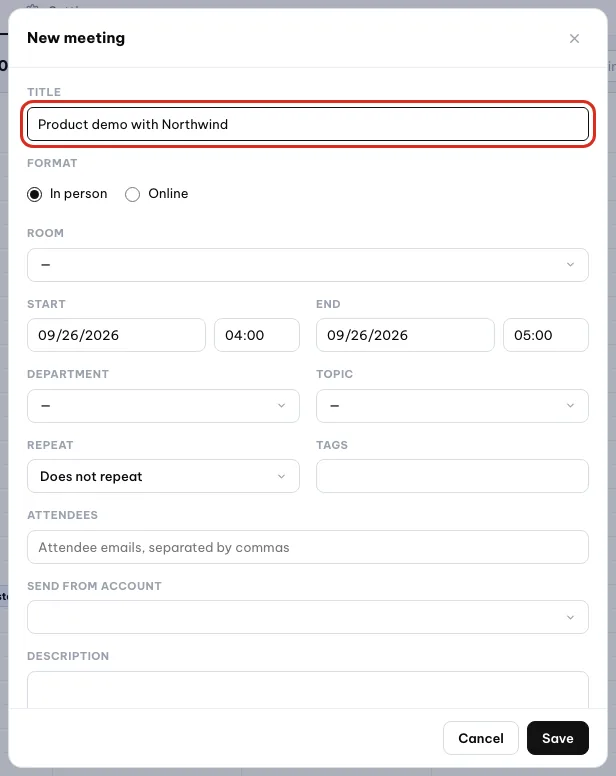 New meeting form with the Title field and In person/Online choice