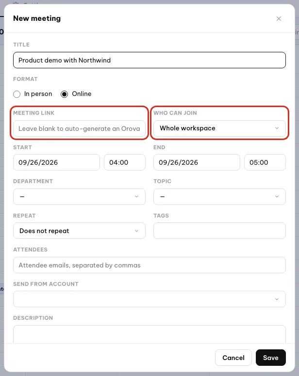 Online meeting: Meeting link left blank and Who can join