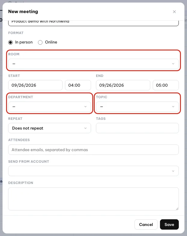 New meeting form with Room, Department and Topic circled