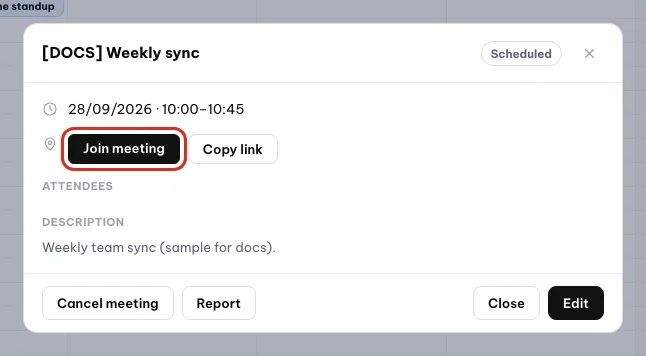 Meeting details for [DOCS] Weekly sync with Join meeting circled