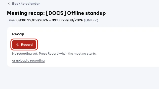 Meeting recap page with the Record button circled