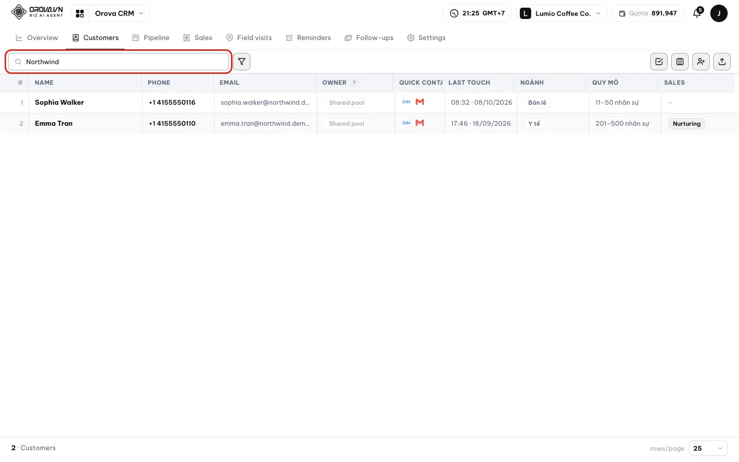 The search box with Northwind typed in, only matching customers left in the table
