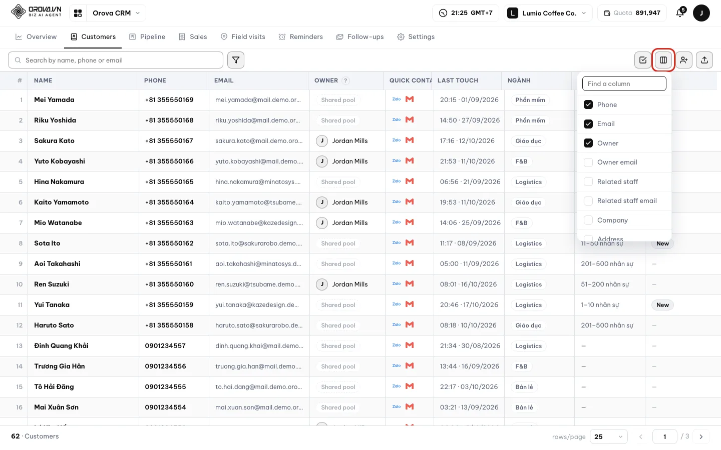 The Columns to show box with a list of checkboxes and a Find a column field