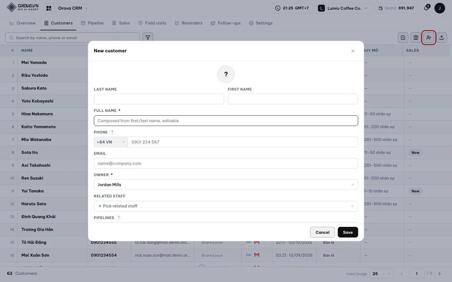 The Add customer button circled in red, the New customer box open
