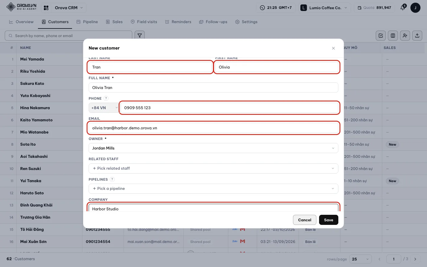 The add customer box with Last name, First name, Phone number, Email and Company filled in