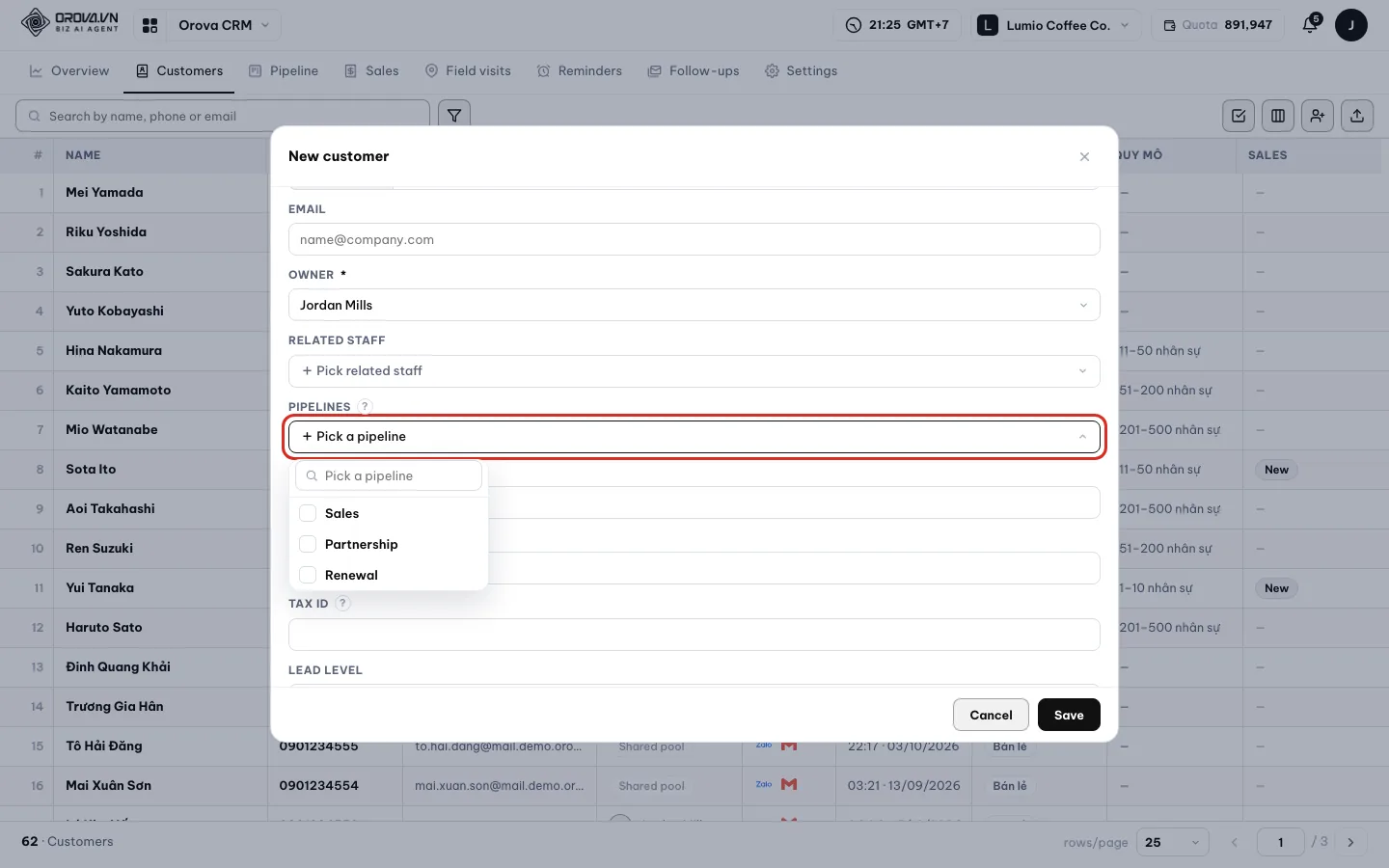 The Who takes care of them field and the Pipelines list with checkboxes