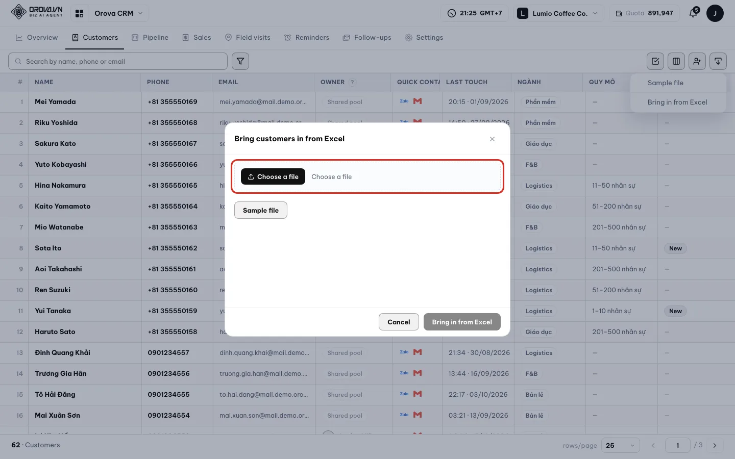 The Bring customers in from Excel box with a drop zone and the chosen file name