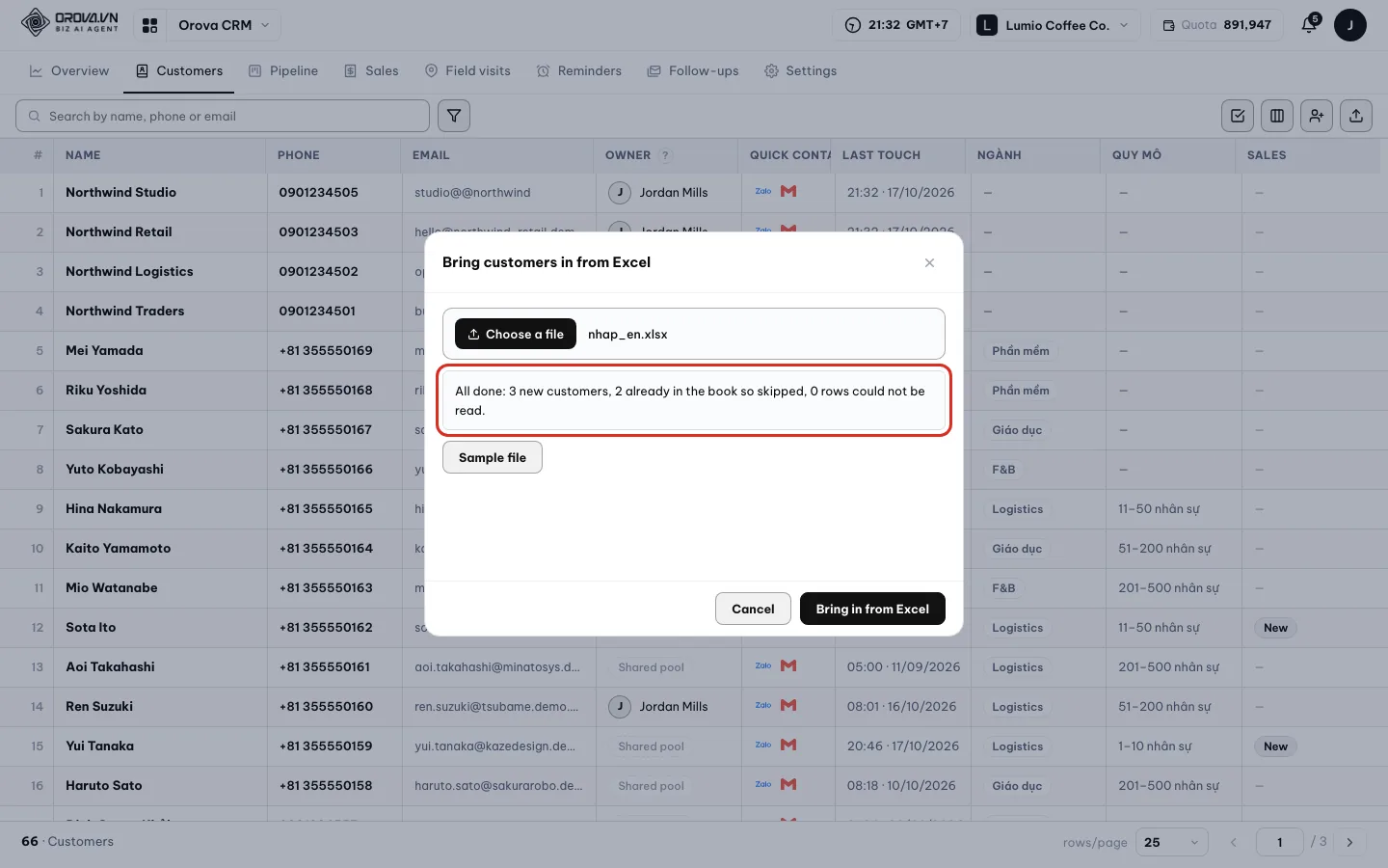 The import result line: number of new customers, duplicates and rows with errors