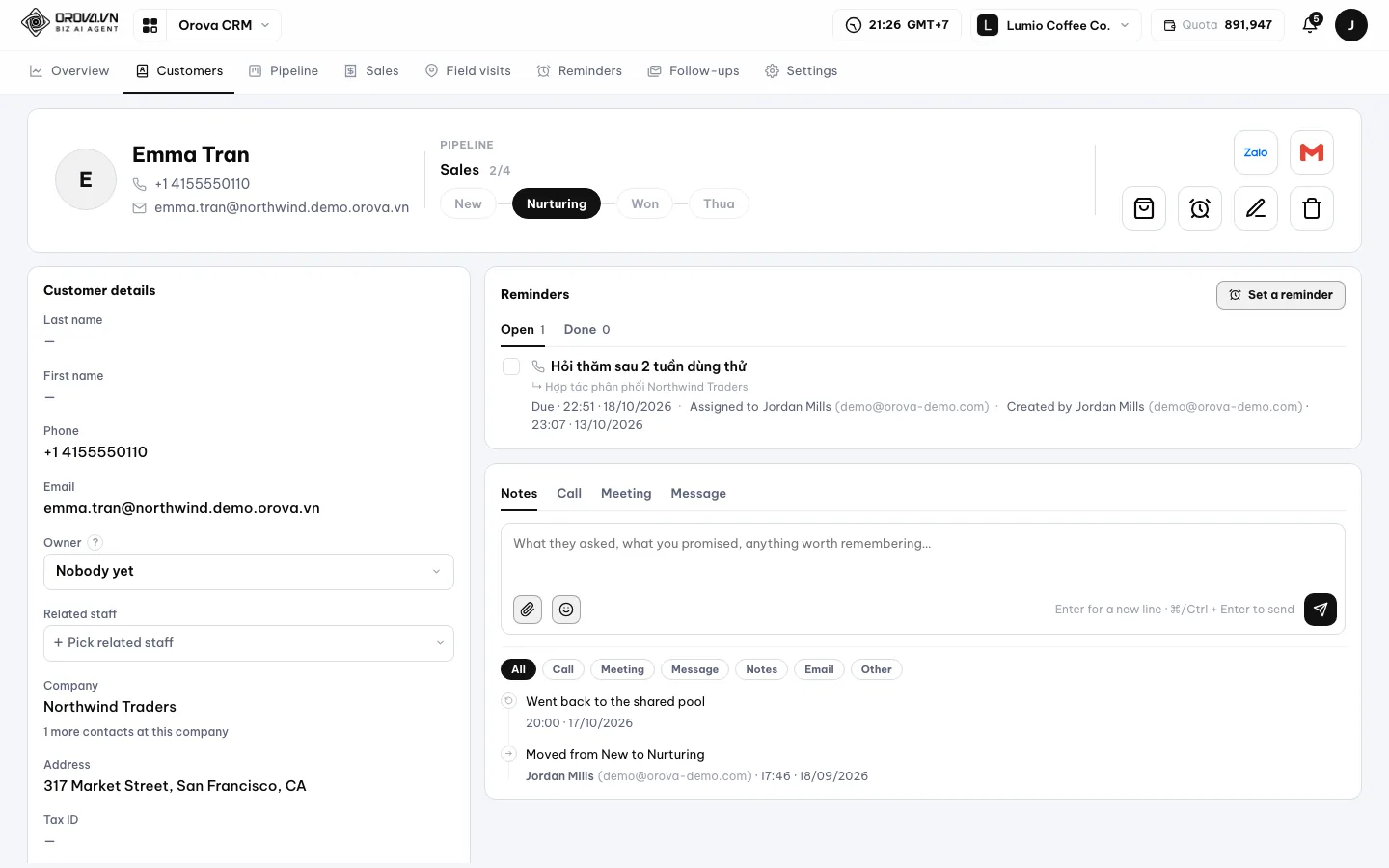 Full view of a customer profile with the header and four cards