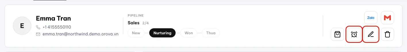 The profile header with Current stage, and New deal, Set a reminder and Edit buttons