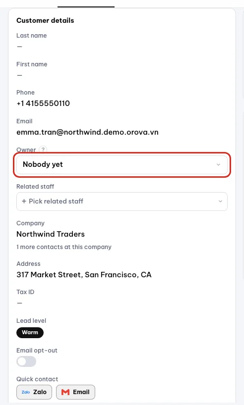 The Customer details card with the owner and the Timestamps group