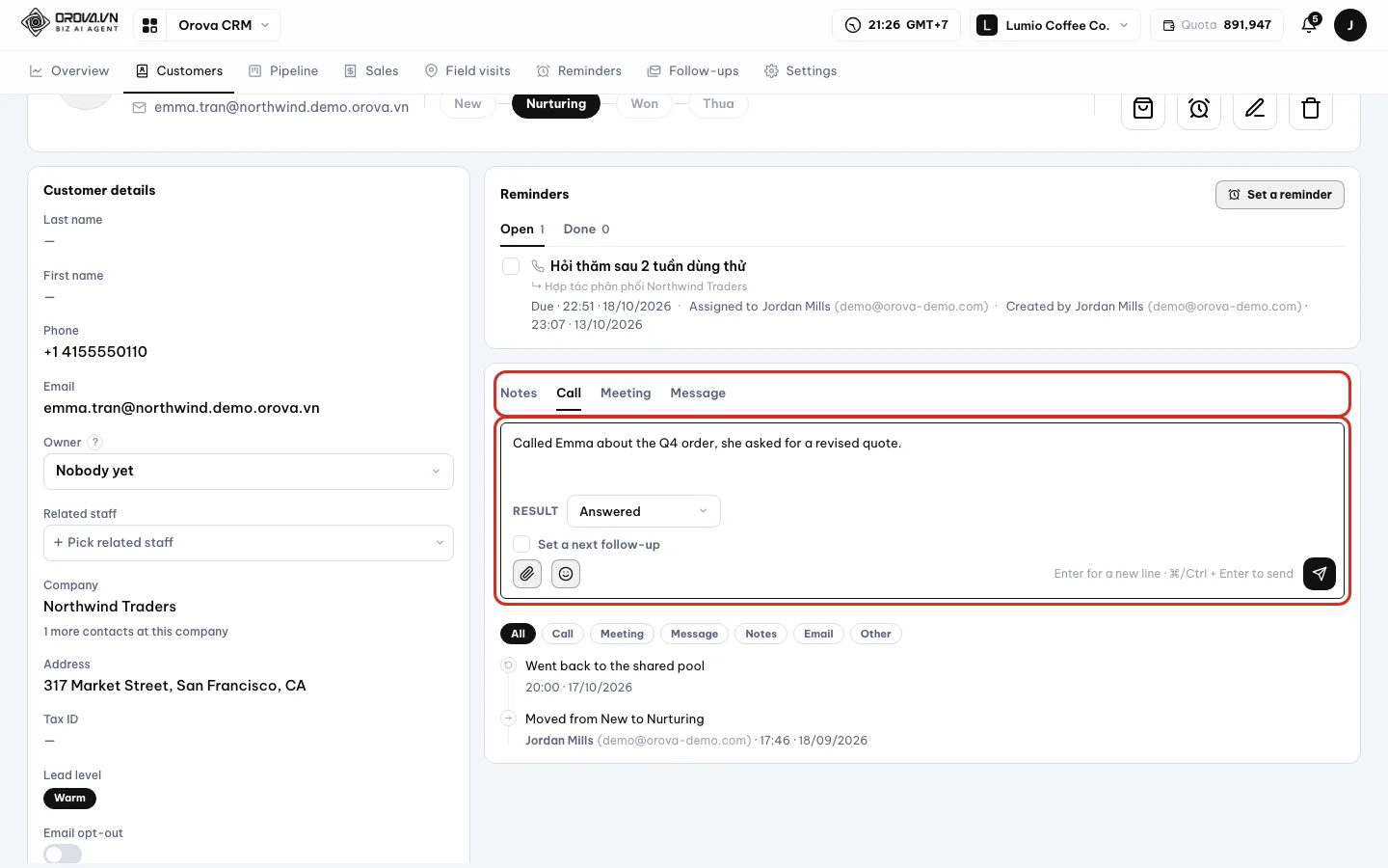 The activity box with the Call type and the Answered result selected, and a Set a next follow-up option