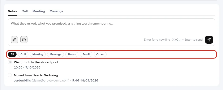 History with a note and an attached file, and a line about moving from one stage to another