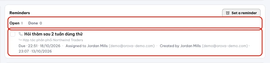The Reminders card on the Open tab with a task labeled Overdue