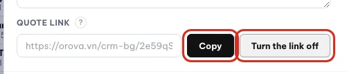 The Quote link block with Copy, Turn the link off and Public view buttons