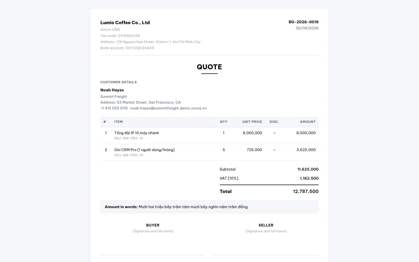 The public quote page the customer sees, with item lines and the total amount