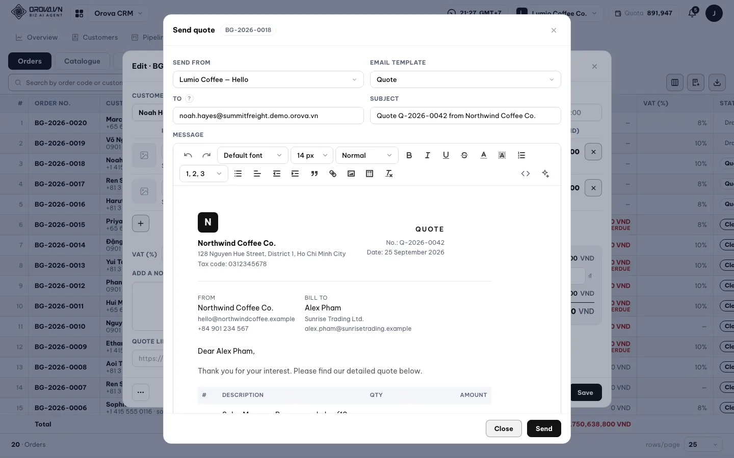 The Send quote box with Send from, Email template and Attach quote PDF