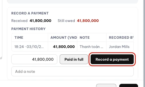 The payment block with Payment history and the Still owed amount
