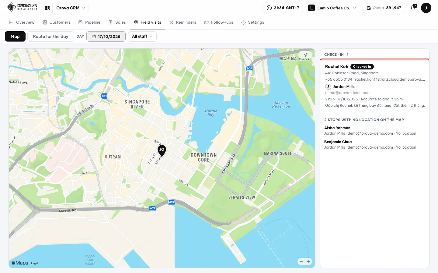 Map tab with check-in dots and the list of check-ins beside it