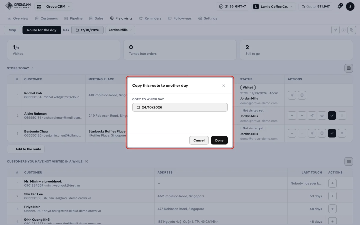 Copy this route box with the Copy to which day field