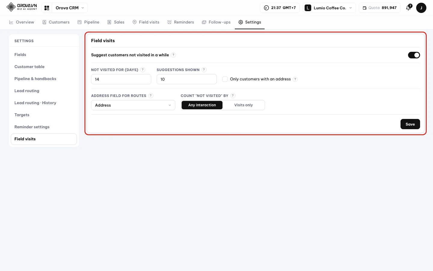 Field visits settings with the suggestion switch, the Not visited for field and the counting option
