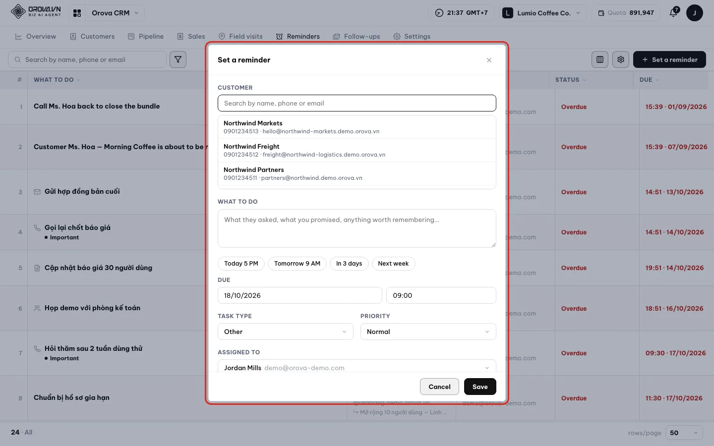 Set a reminder box with Pick a customer, What to do, the Tomorrow 9 AM button, Task type, Priority, Assigned to, Remind before