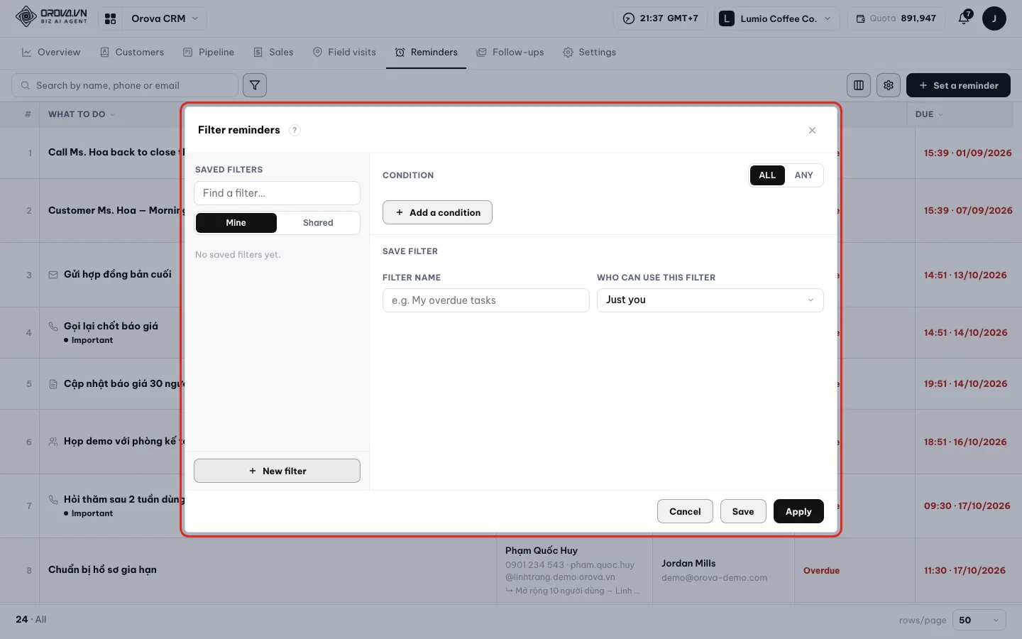 Filter reminders box with Type, Priority and the Next 7 days option
