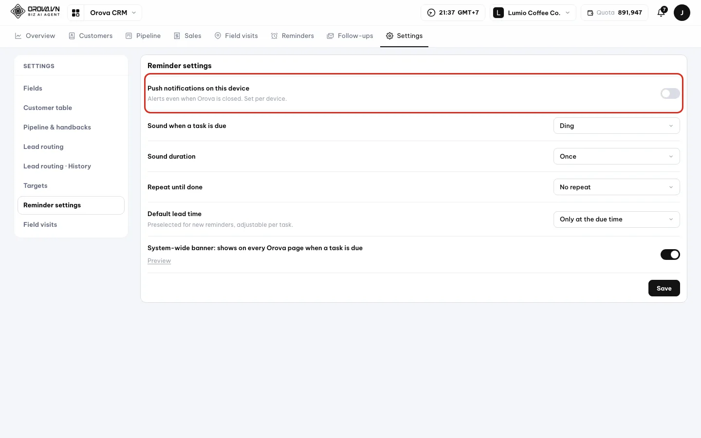 Reminder settings with Push notifications on this device, the Turn on notifications button and Sound when a task is due