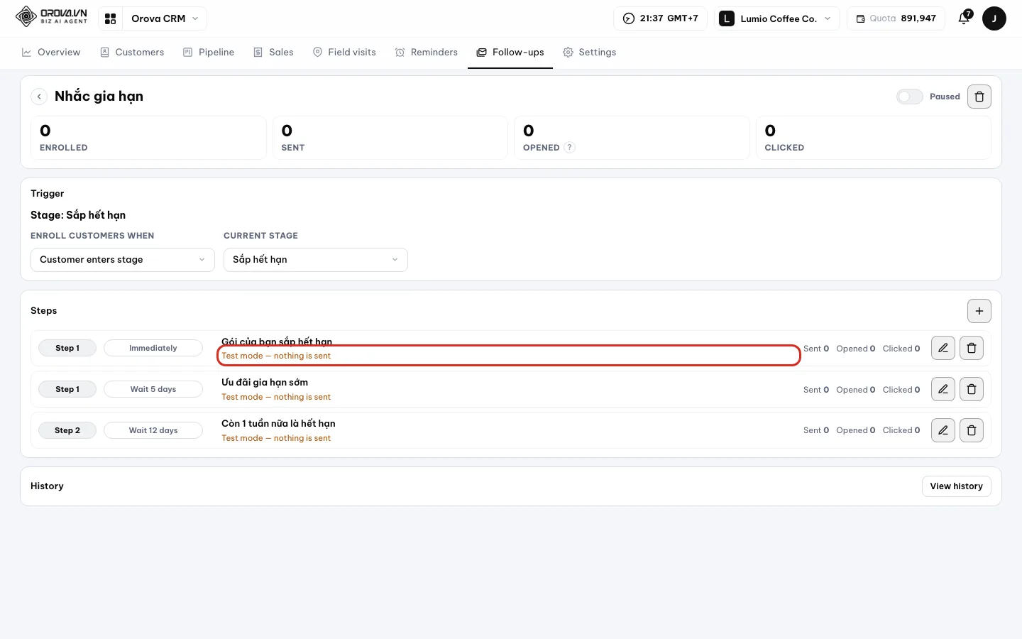 Sending mailbox field showing Test mode, nothing is sent