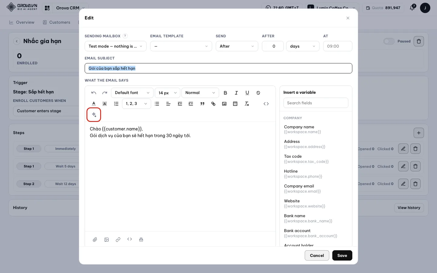 Rewrite with AI button highlighted on the editor toolbar of the Edit step dialog