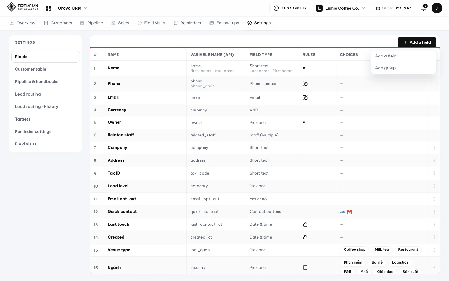 List of 22 field types open, with default fields below including Email opt-out