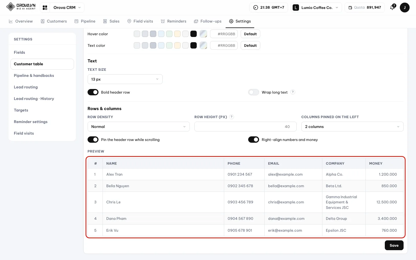 Customer table area with Presets, Horizontal lines, Alternating row colors, Text size and a preview