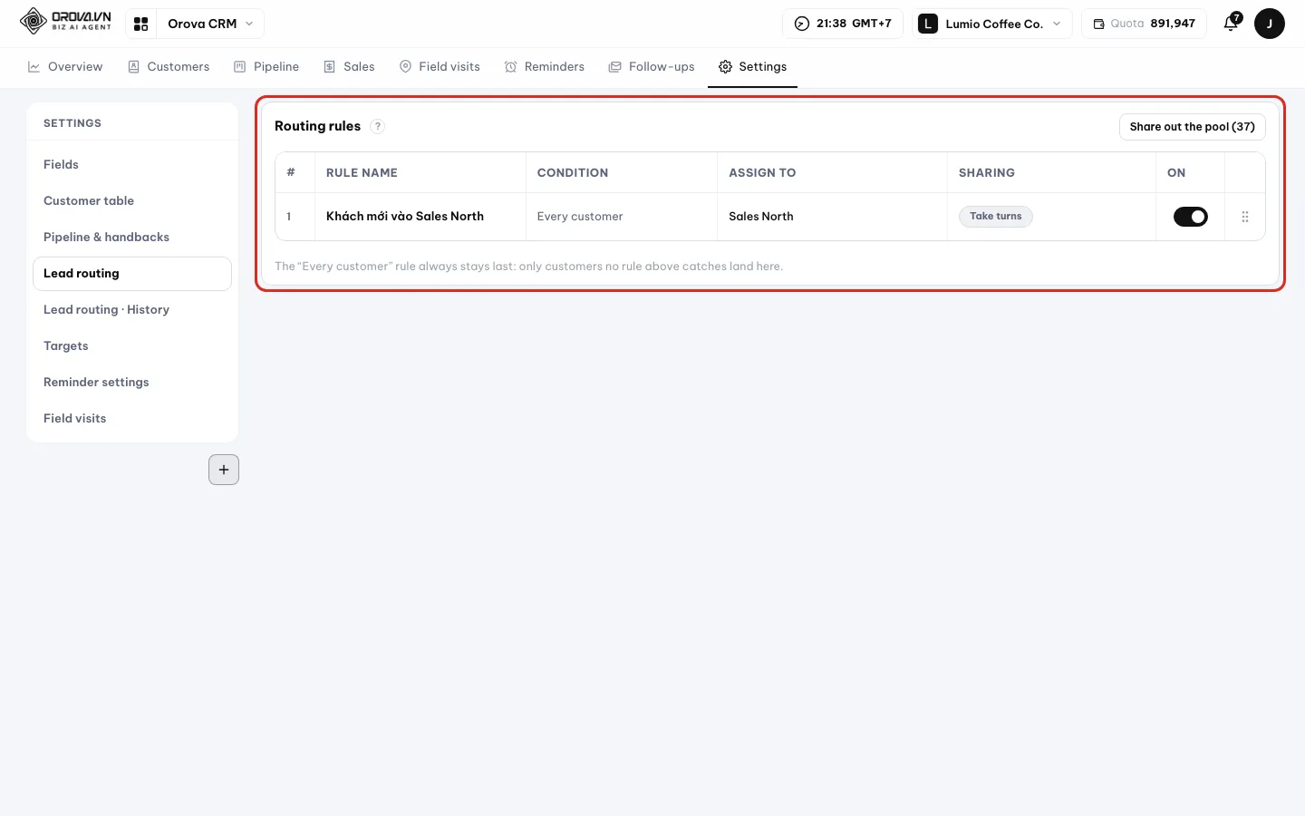 Lead routing area with Routing groups, the Routing rules table and the All customers rule at the bottom