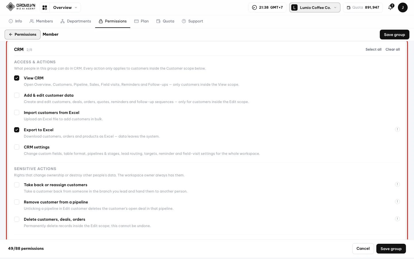 CRM card with three sections Access and actions, Sensitive actions, Customer scope