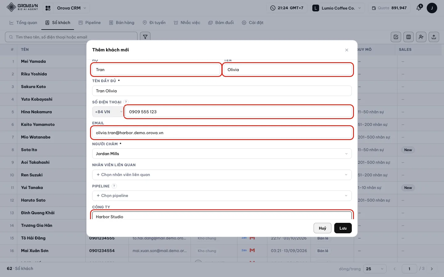 Hộp thêm khách đã điền Họ, Tên, Số điện thoại, Email, Công ty