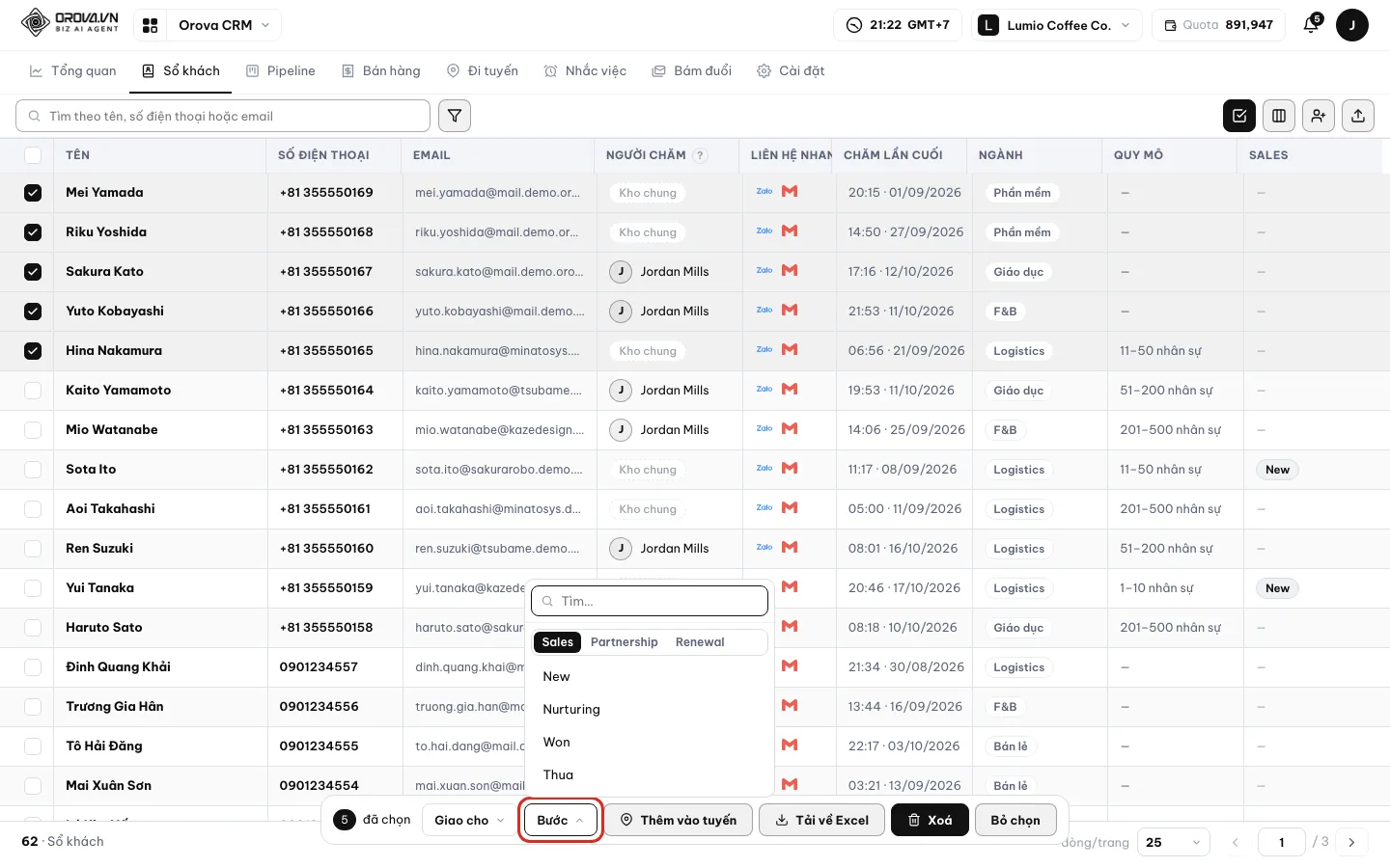 Menu Bước mở ra, các bước được nhóm theo pipeline