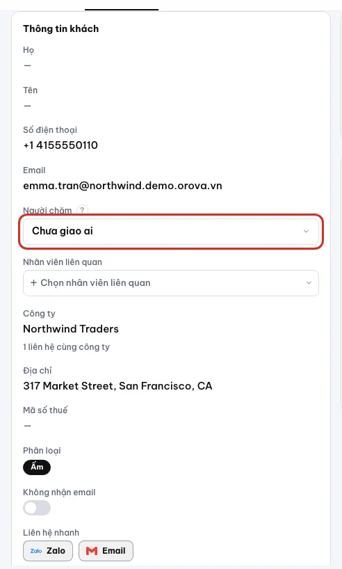 Thẻ Thông tin khách với người chăm và nhóm Mốc thời gian