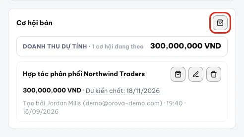 Thẻ Cơ hội bán với Doanh thu dự tính, Còn nợ và nút Tạo đơn