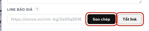 Khối Link báo giá với nút Sao chép, Tắt link, Xem công khai