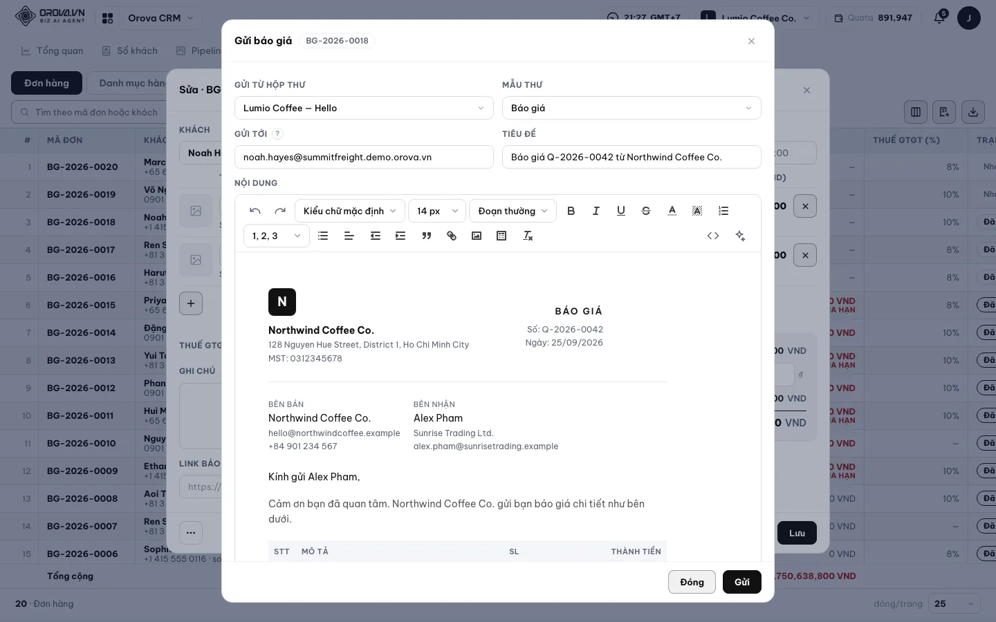 Hộp Gửi báo giá với Gửi từ hộp thư, Mẫu thư và Đính kèm PDF báo giá