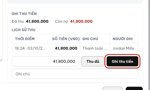 Khối thu tiền với Lịch sử thu và số Còn nợ