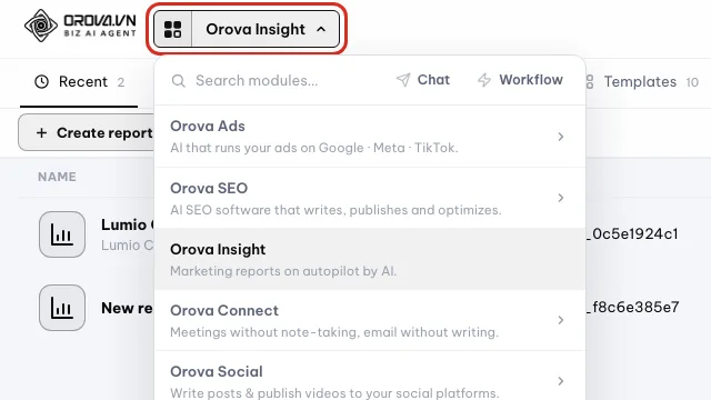 Il menu dei moduli aperto dalla barra superiore, con Orova Insight selezionato