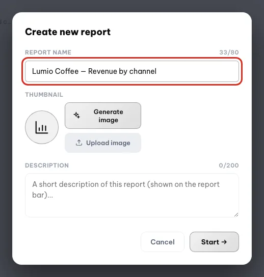 La finestra di creazione del report con il campo Nome del report compilato