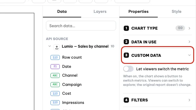 La sezione Dati personalizzati nelle proprietà di un grafico selezionato