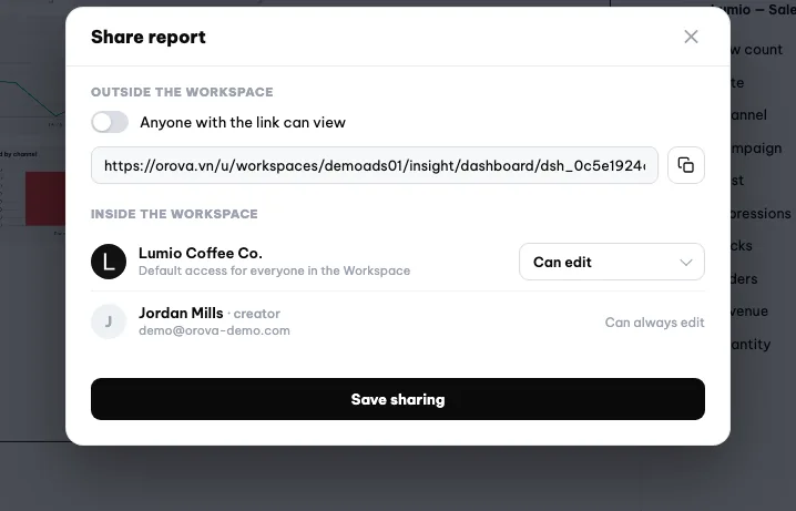 La finestra Condividi report con il link pubblico, il permesso del workspace e Salva condivisione
