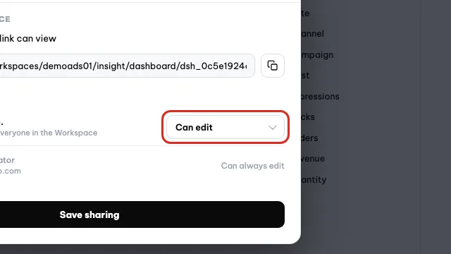 La riga del permesso valido per tutto il workspace nella finestra di condivisione