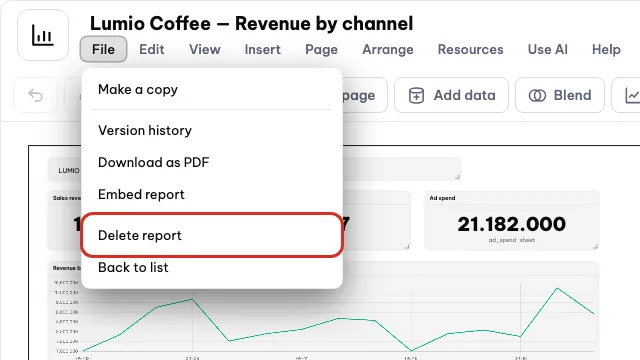 Il menu File con Elimina report evidenziato