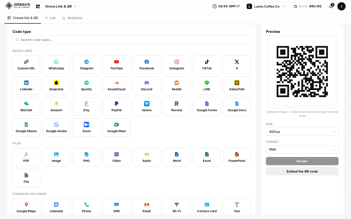 Tab Buat tautan & QR milik Orova Link & QR di ruang kerja Lumio Coffee