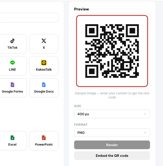Panel pratinjau di kanan dengan gambar QR, ukuran, format, dan Render