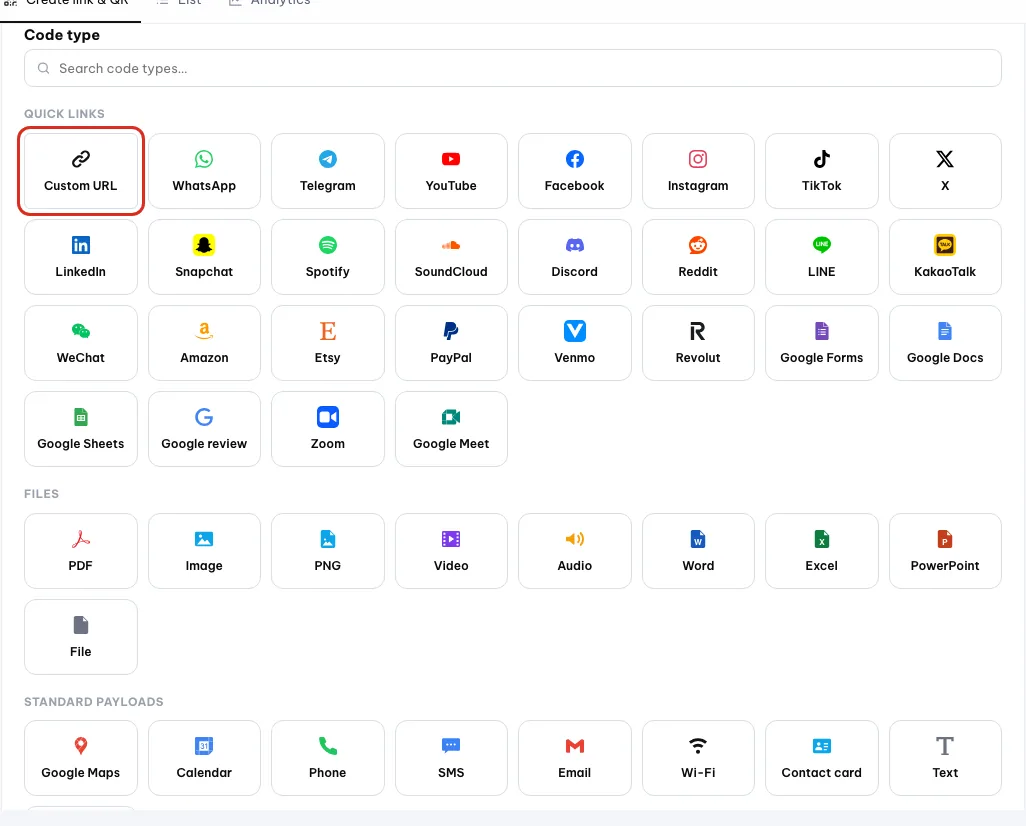 Kisi jenis kode dengan kotak Custom URL dilingkari merah